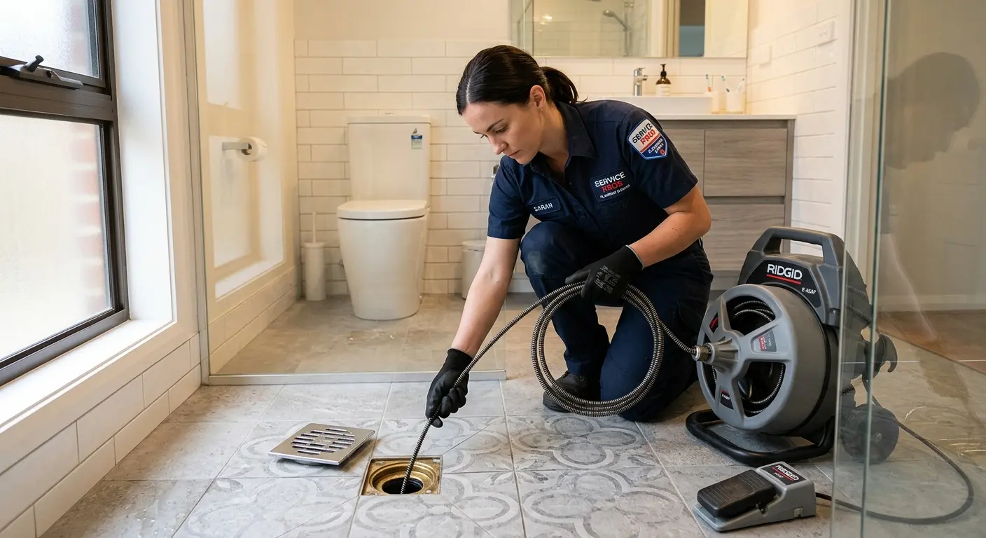 Technician clearing a bathroom floor drain for Sewer Line Replacement in Gastonia